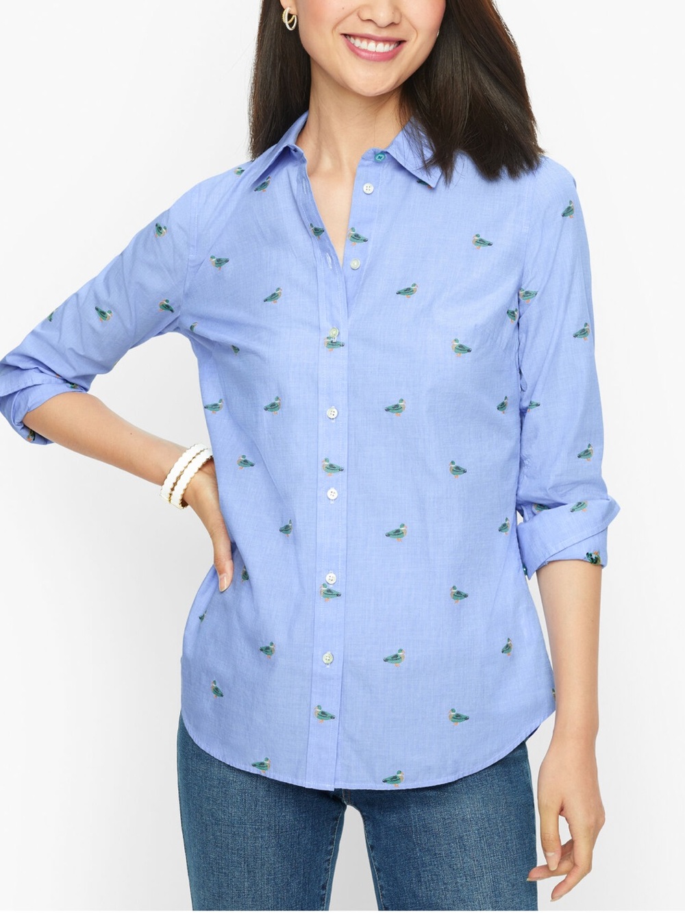 Whimsical Talbots Blue Cotton Button-Down Mallard 🦆 Duck Embroidered Shirt - MP